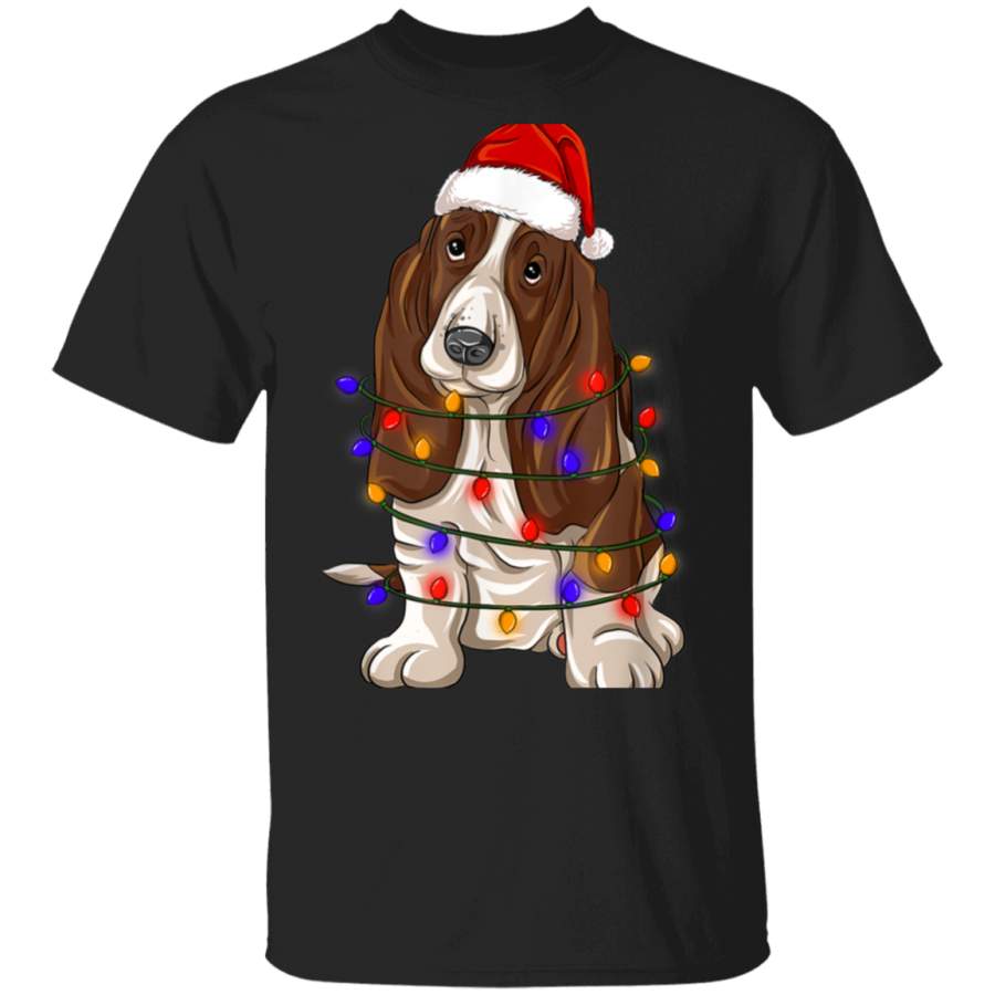 Basset hound Shirt Santa Hat Xmas Lights Christmas Gift T Shirt By Vevotee Store T-shirt Long Hoodie Black