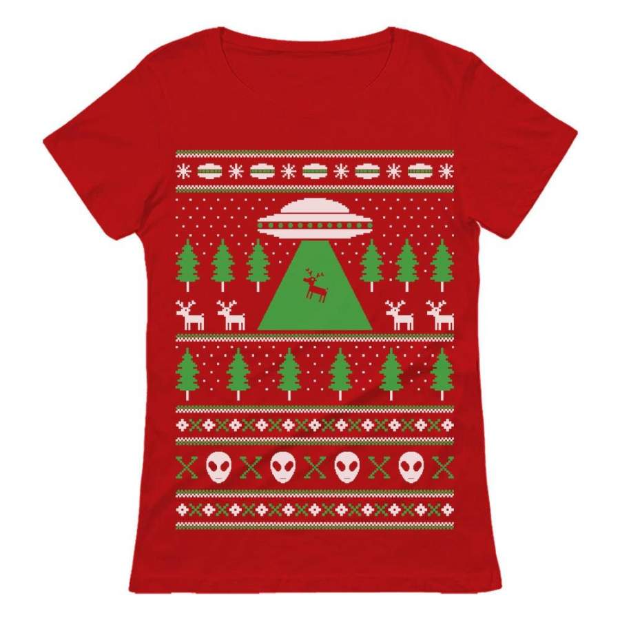 Alien Reindeer Abduction Ugly Christmas Sweater Women T-Shirt