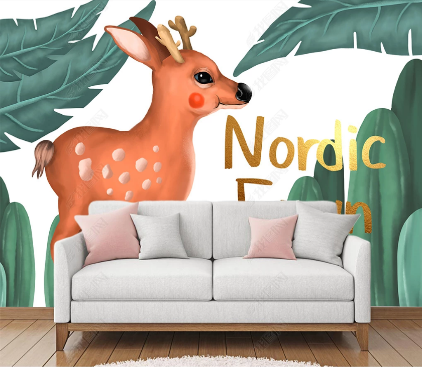 3D Hand Drawn Green Plant Leaf Animal Deer Wall Mural Wallpaper Lqh 81