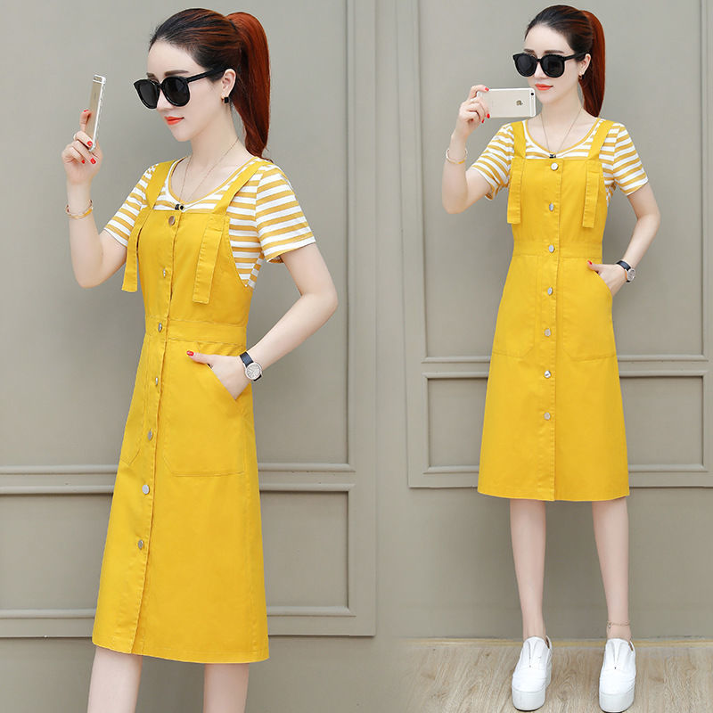 Summer Two Piece Sets Women Midi Strap Dress + Short Sleeve Top Casual Elegant Femme Clothing Dresses Suits X234 alx