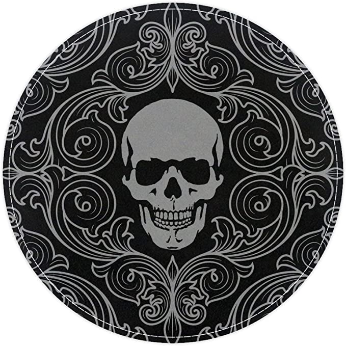 Horror Skull Flowers Black Pattern, Non Slip Doormat Round Area Rug Carpets Rugs For Kids Bedroom Baby Room Play Room Nursery