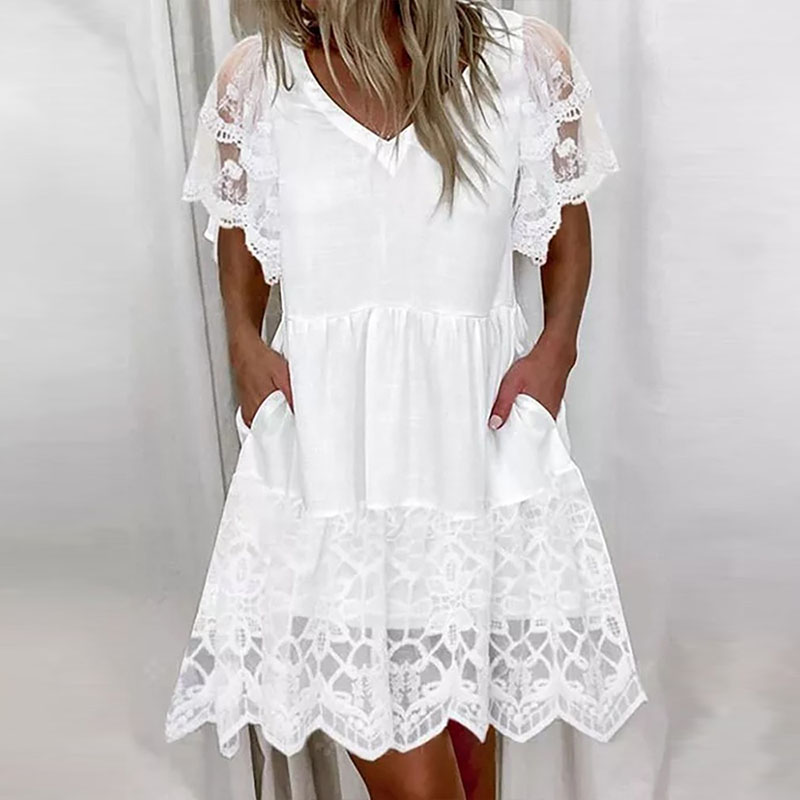 Women V-Neck Short Sleeve Ruffles Mini Dresses Elegant White Color Embroidery Lace Mesh Party Dress Lady Casual Summer Dress 5XL alx