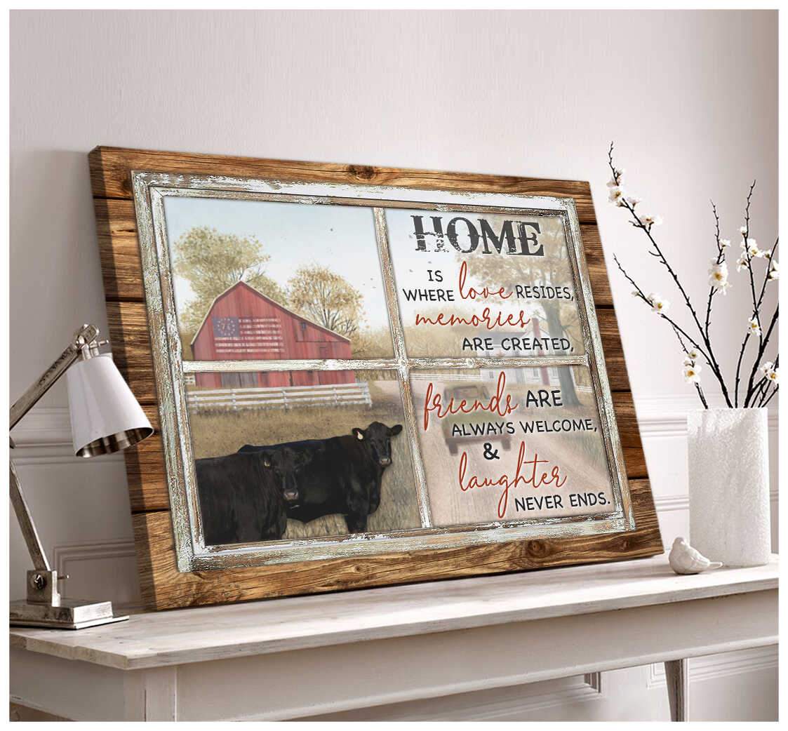 Vintage Wood Window Summer In The Country And Angus Cow Home Is Where Love Resides Memories Are Created Farm Farmhouse Canvas Poster Print, Canvas Wall Decor