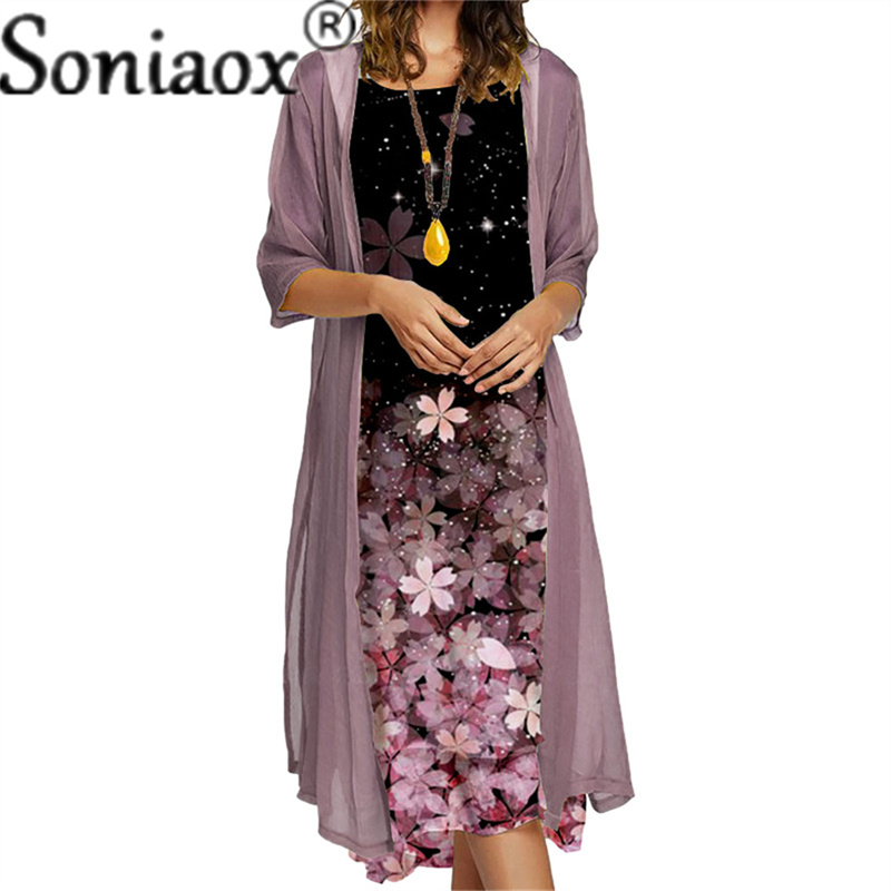 Two-Piece Set Lady Flower Print Sleeveless Maxi Dress With Cardigan Hot Clothes Women Summer Boho Elegant Dresses Coat alx