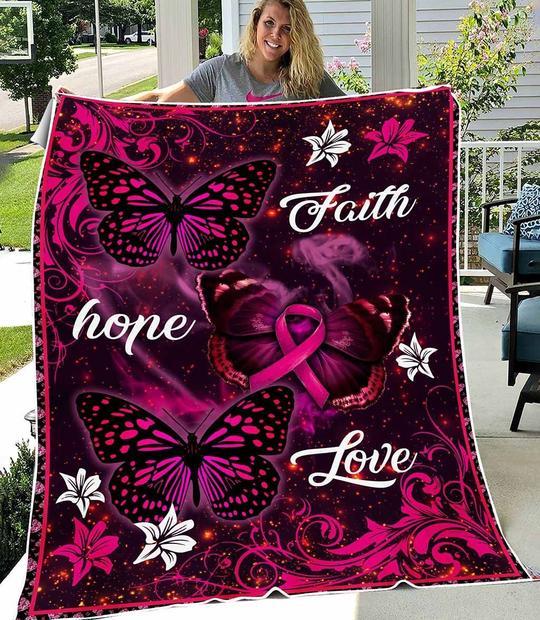 Breast Cancer Survivor Hope Faith Love Fleece Blanket, Breast Cancer Awareness Month Gifts