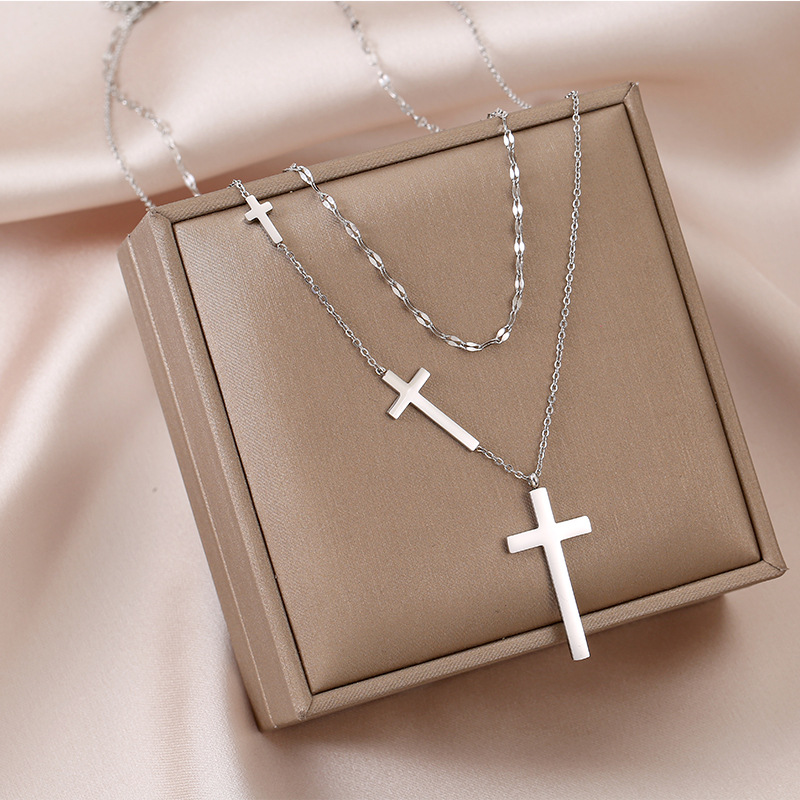 316L Stainless Steel Cross Double Layer Necklace Female Chocker Simple Double Layer Cross Necklace For Women No fade alx