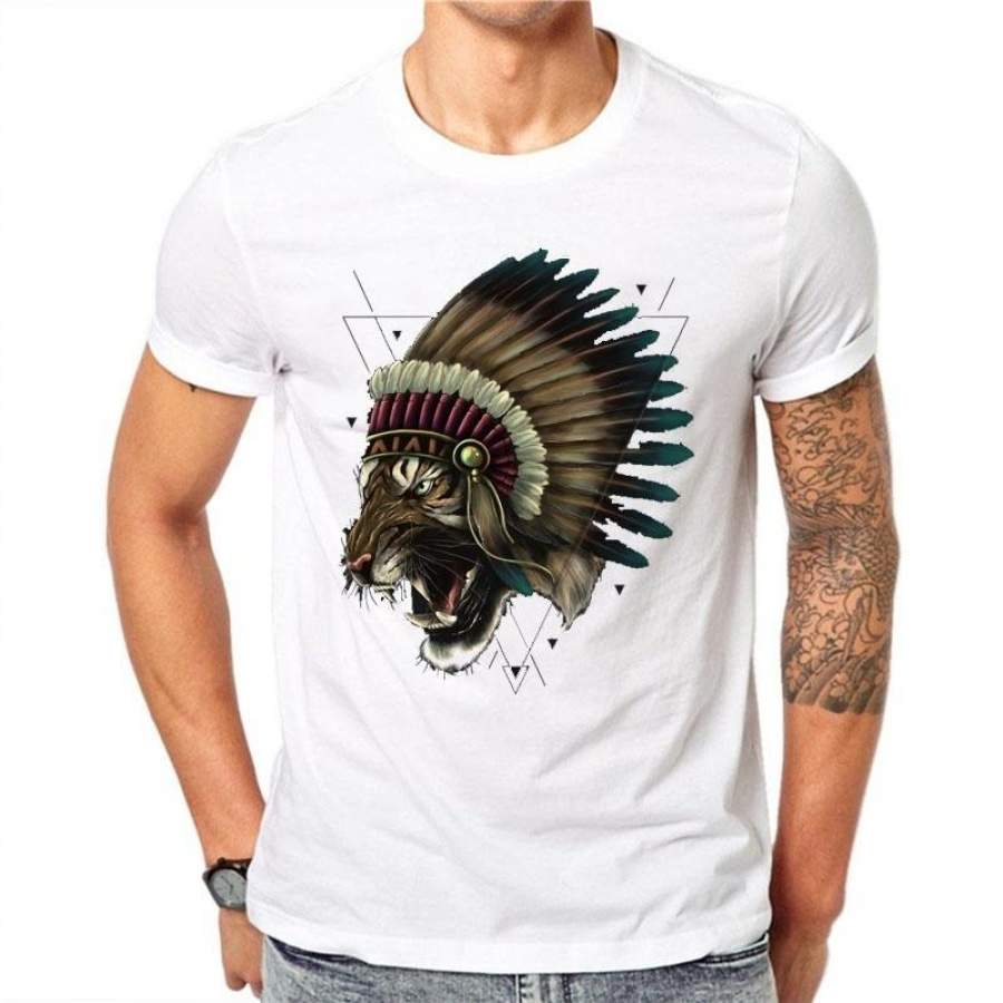 100% Cotton Men Print Indian Ferocious Tiger Tops Shirt Harajuku T-Shirts White Tops Short Sleeve RT53