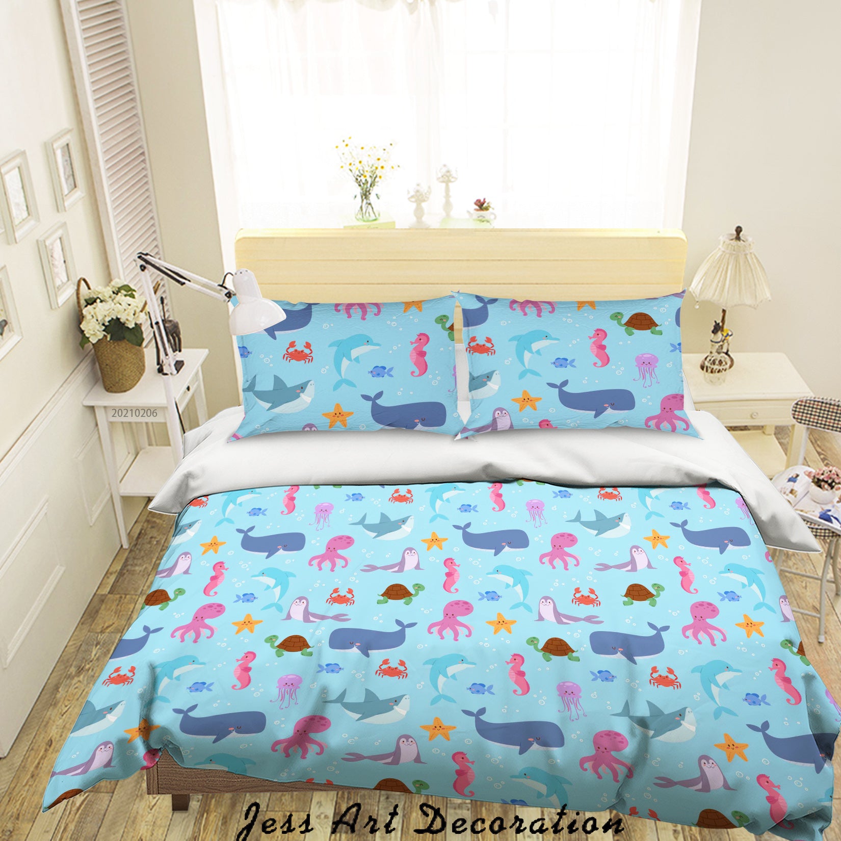 3D Hand Drawn Blue Whale Dolphin Octopus Quilt Cover Set Bedding Set Duvet Cover Pillowcases 164