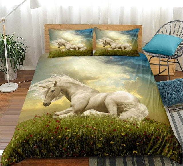 3D White Unicorn Horse Field Flower Morning Duvet Cover Set, Microfiber Fabric Bedding