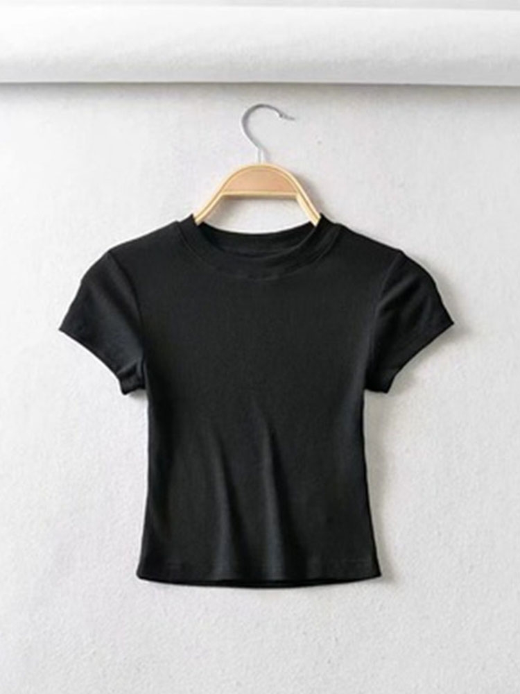 Summer Sexy Women O-neck Short-sleeve T-shirt Slim Elastic Skinny Crop Tops alx