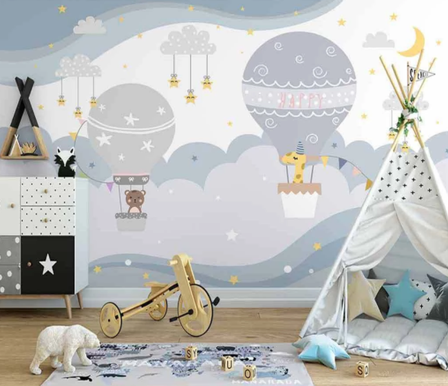 3D Cartoon Hot Air Balloon Cloud Giraffe Bear Animal Wall Mural Wallpaper Lxl