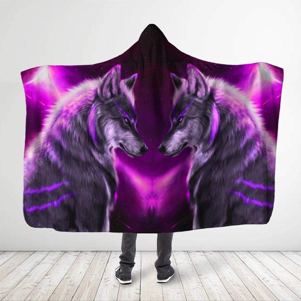Native American –  Faced-to-faced Wolves – Neon Purple Hooded Blanket