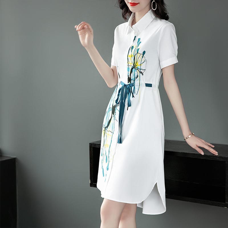 2022 Vintage Printed Drawstring 4XL Dress Summer Chiffon Office Lady Lapel Midi Dresses Women Elegant Comfortable Loose Vestidos alx