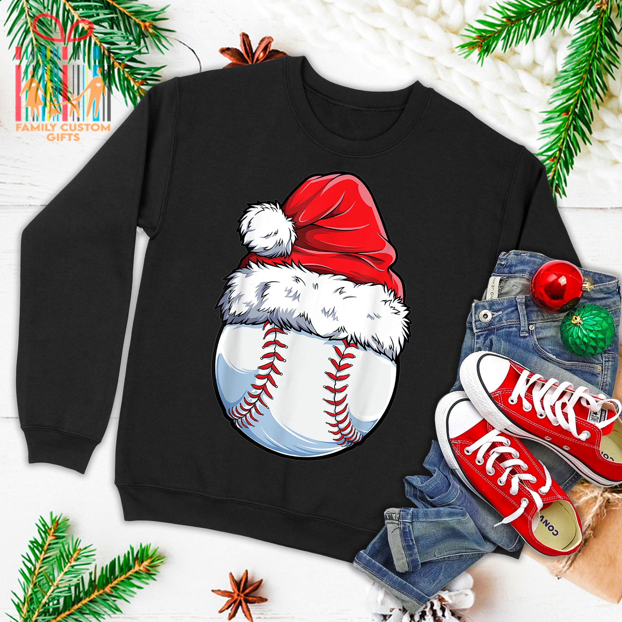 Christmas Baseball Ball Santa Hat Funny Sport Xmas Ugly Christmas Sweater T-Shirt