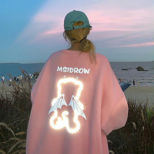 Women’s Sweatshirt Reflective Bear Couple Clothes Korean Fashion Autumn Casual Pullovers O-Neck Loose Harajuku Oversized Hoodie alx