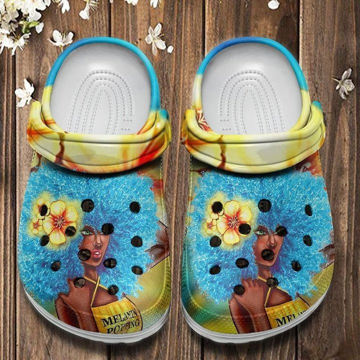 Blue Hair Melanin Poppin Custom Crocs Classic Clogs Shoes Flower Black Queen Beach Shoe