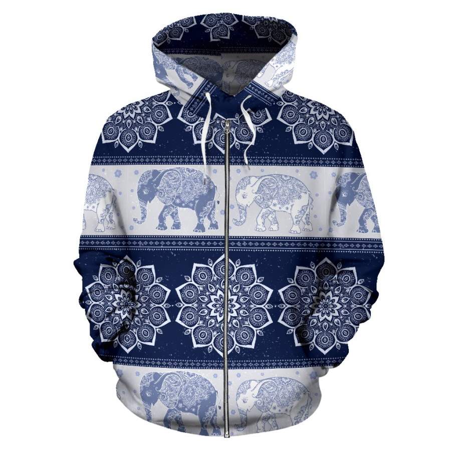 Flower Mandala Elephant Navy Premium All Over Print Zip-up Hoodie