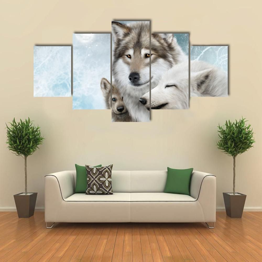 Wolves Pack In Snow Animal 5 Panel Canvas Art Wall Decor