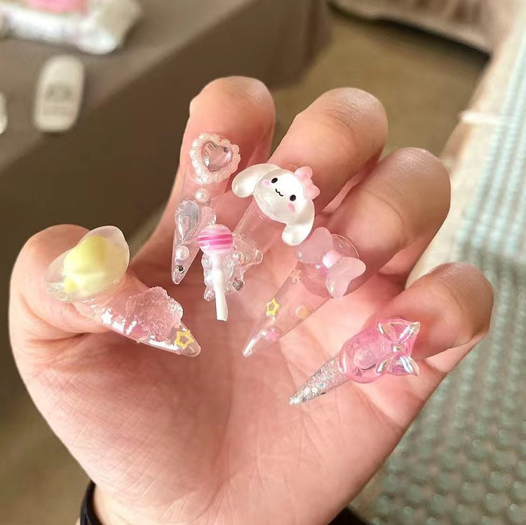 Cute Pink Puppy Press On Nails/ Melody Nail/ Bunny Nails/ Cute Kawaii Puppy Nails/ Handmade Nails/ Gel Nails/ Reusable Nails #107