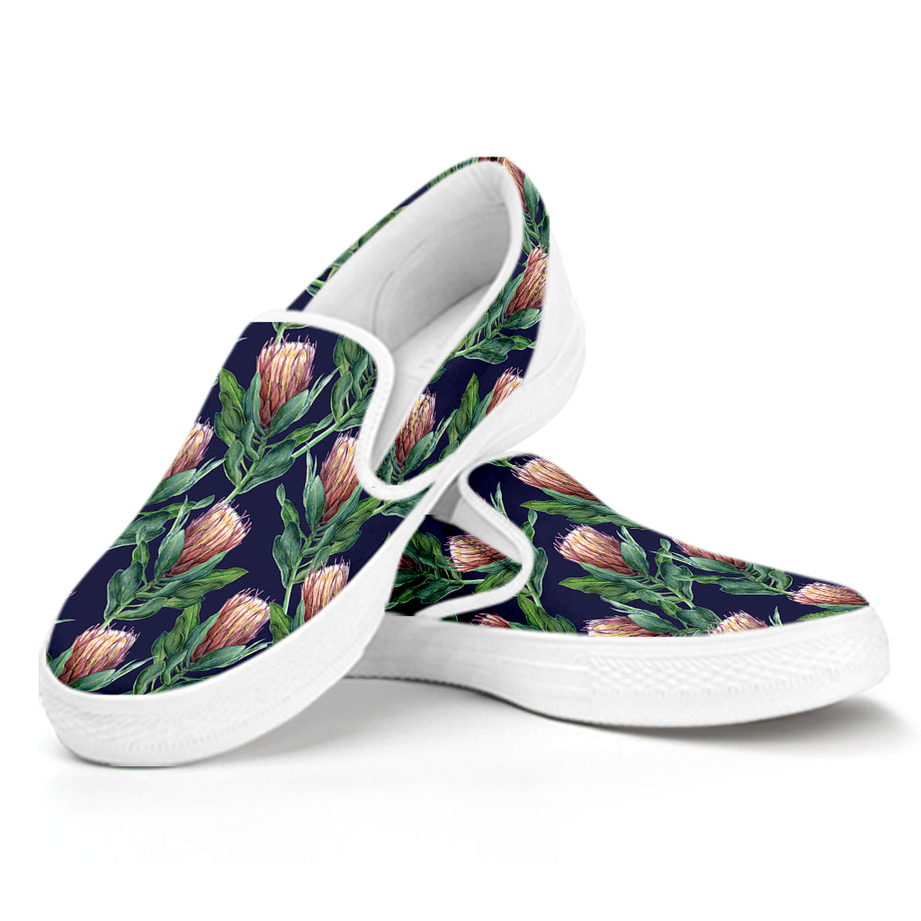 Watercolor Protea Pattern Print White Slip On Shoes