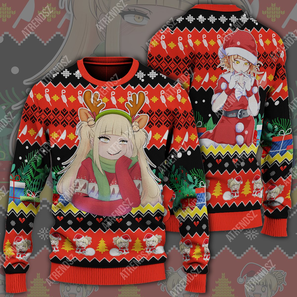 Unifinz My Hero Academia Sweater Toga Himiko Christmas Pattern Red Ugly Sweater 2022