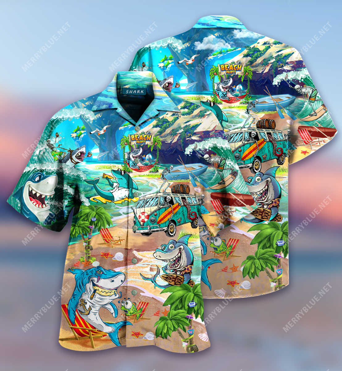 Sharks And Skeletons On Beach Party Short Sleeve Shirt