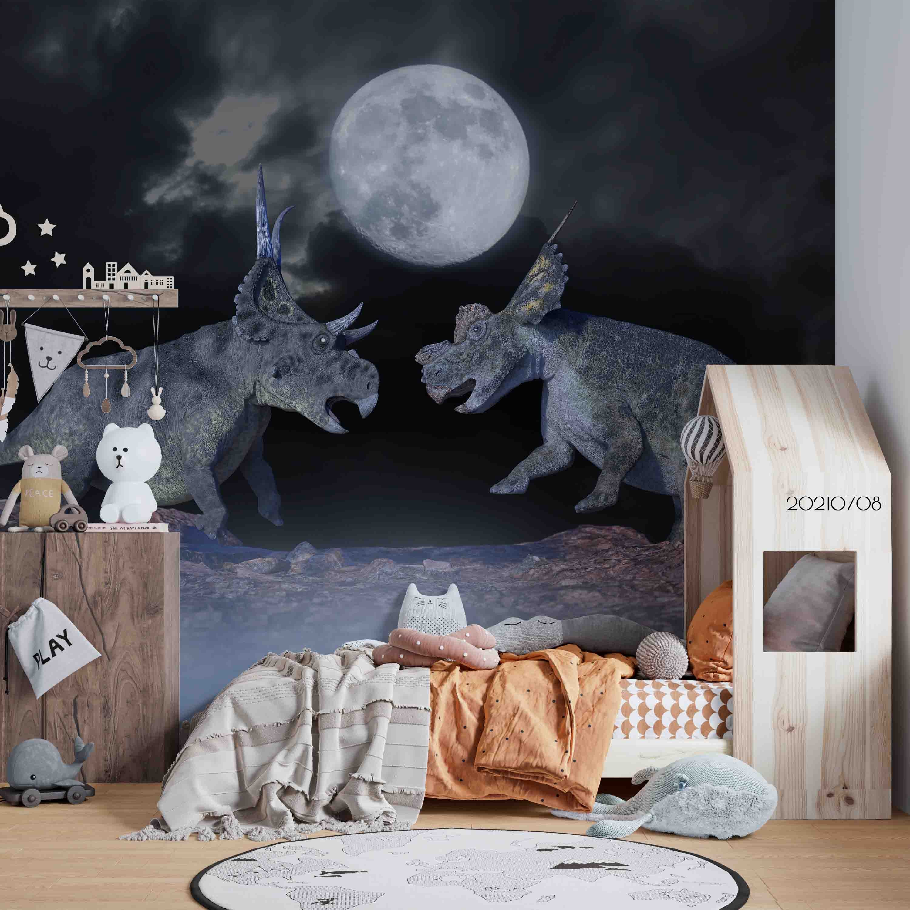 3D Hand Drawn Animal Dinosaur Moon Wall Mural Wallpaper Lqh 83