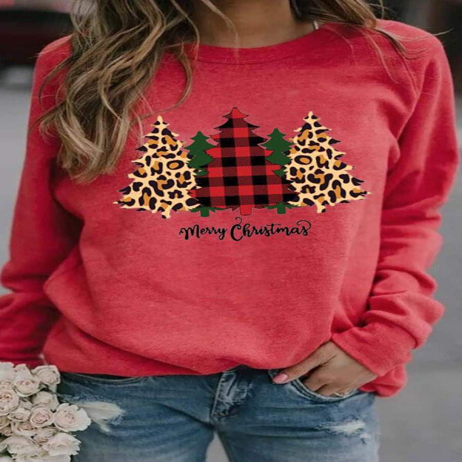 Christmas Tree Leopard Plaid Print Round Neck Sweatshirts