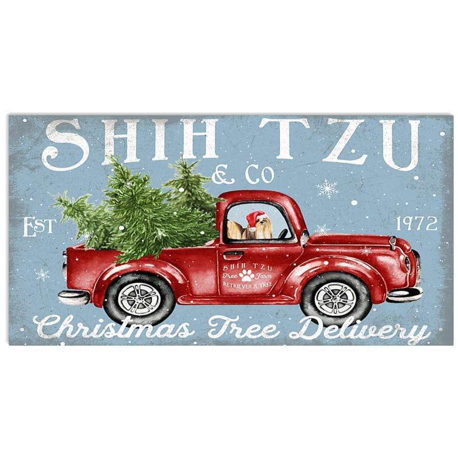 Shih Tzu Puppy On Red Christmas Truck Gift Horizontal Poster