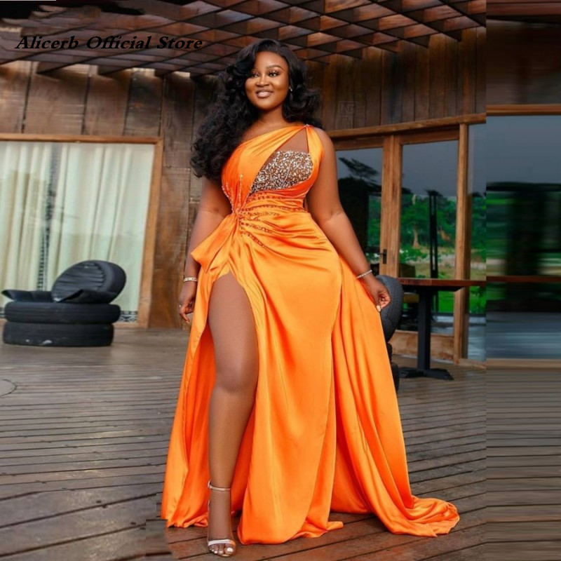 African Orange Sexy One Shoulder Prom Dresses Sequins Beaded Ruffles High Split Evening Gowns Woman Formal Party Dress 2022 alx