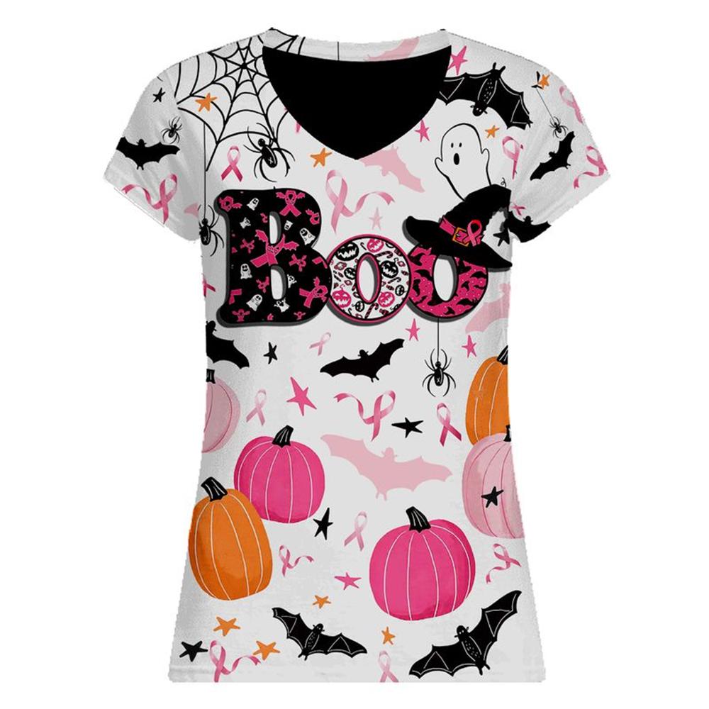 Happy Halloween Breast Cancer Awareness Boo Women V-Neck T-Shirt