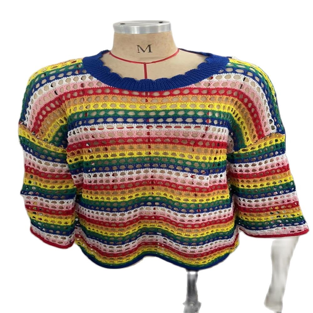 Spring 2023 Europe-USA Style Pullovers Women/Girl O-Neck Color Striped Hollow Out Horn Sleeve Loose Kniting Sweater alx