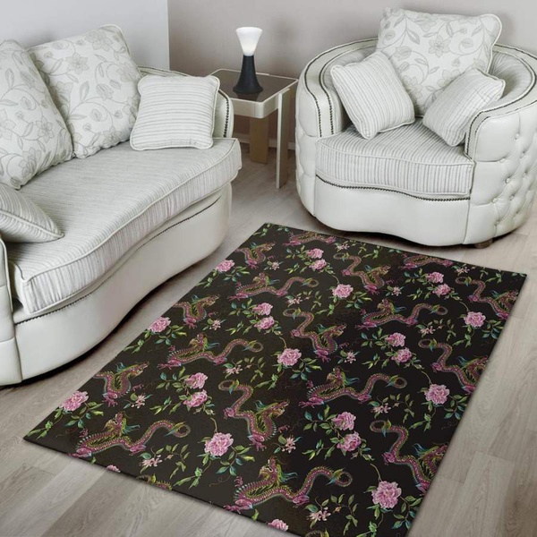 Floral Janpanese Dragon Print Area Rug