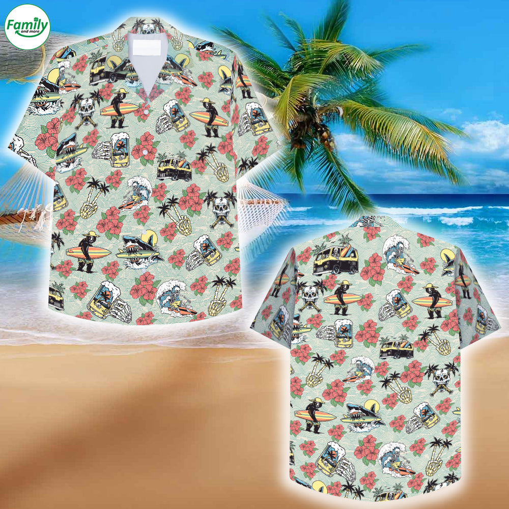 Skull And Animals, Seamless Wave In Blue And White Hawaiian Shirt – Mc07