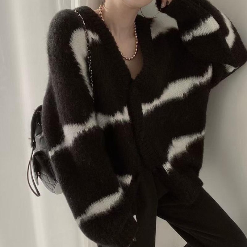 Cardigan for Women Stripe Patchwork V-Neck Oversized Cardigan Loose Lazy Coats Woman Winter 2021 Korean Fashion Cardigan Woman alx