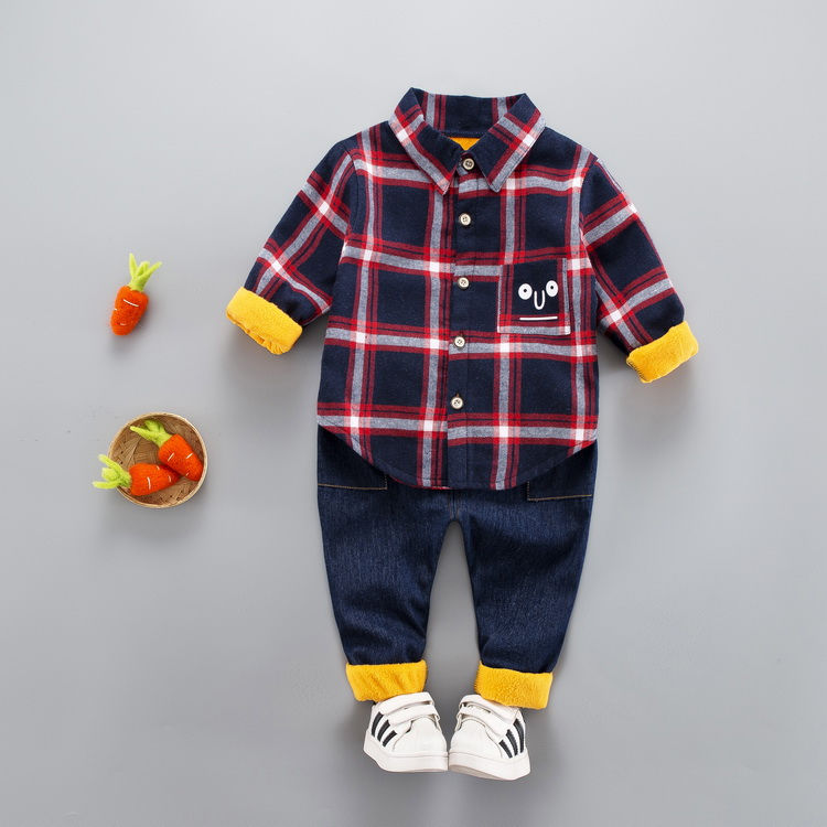 Autumn Children Baby Boys Girls Clothes Infant Gentleman Thick Velvet Plaid Shirt Pants 2Pcs/sets Toddler Clothing Kids Suits alx