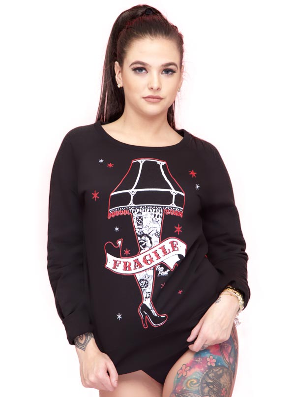 Women’S Fragile Tattoo Leg Lamp Ugly Christmas Fitted Sweatshirt By Too Fast