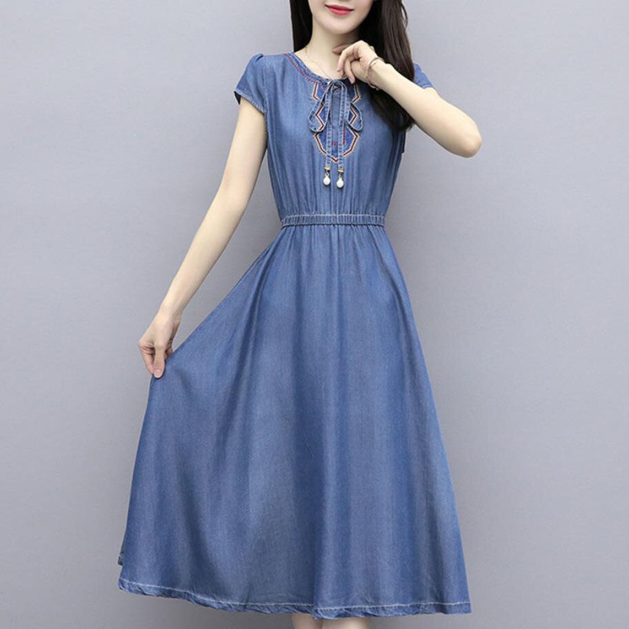 Summer Slim Elastic Waist Denim Dress Women Chic Embroidery Blue Short Sleeve Jean Dresses Calf Length Vestidos Elegantes Mujer alx