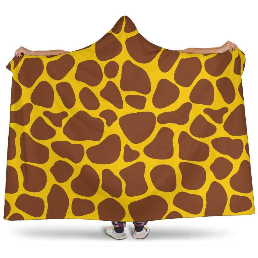 Yellow Brown Giraffe Pattern Print Hooded Blanket