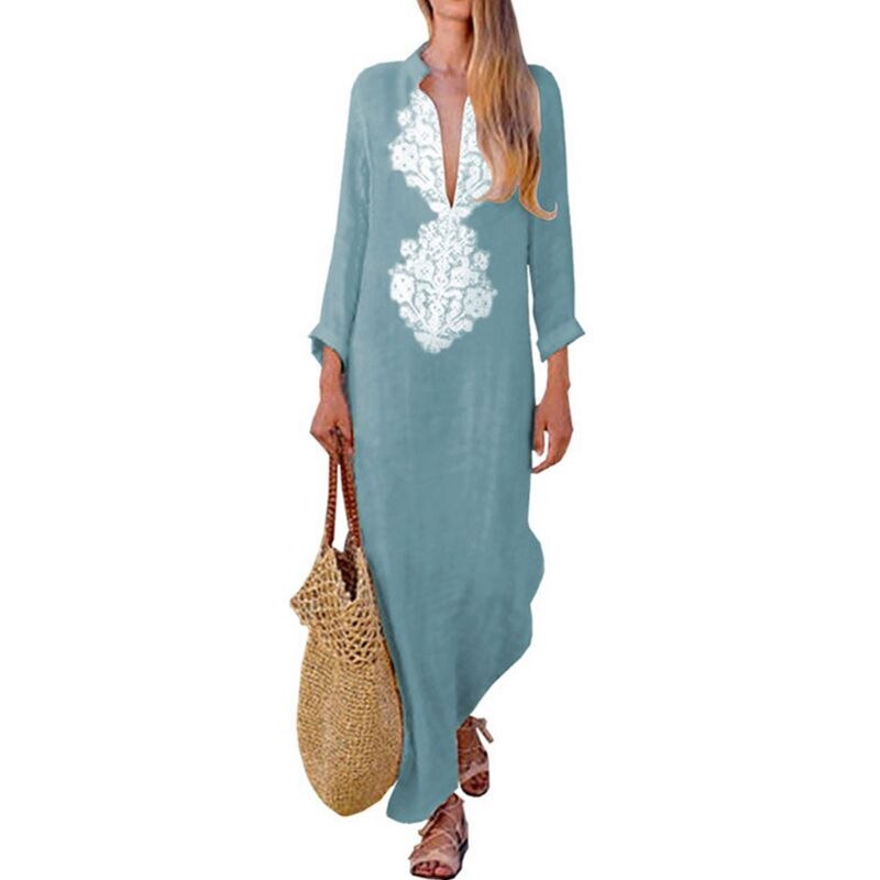 Women Plus Size Summer Boho Maxi Long Dress Geometric Floral Sexy Deep V-Neck Stand Collar Loose Side Split Beach Sundress U4LF alx