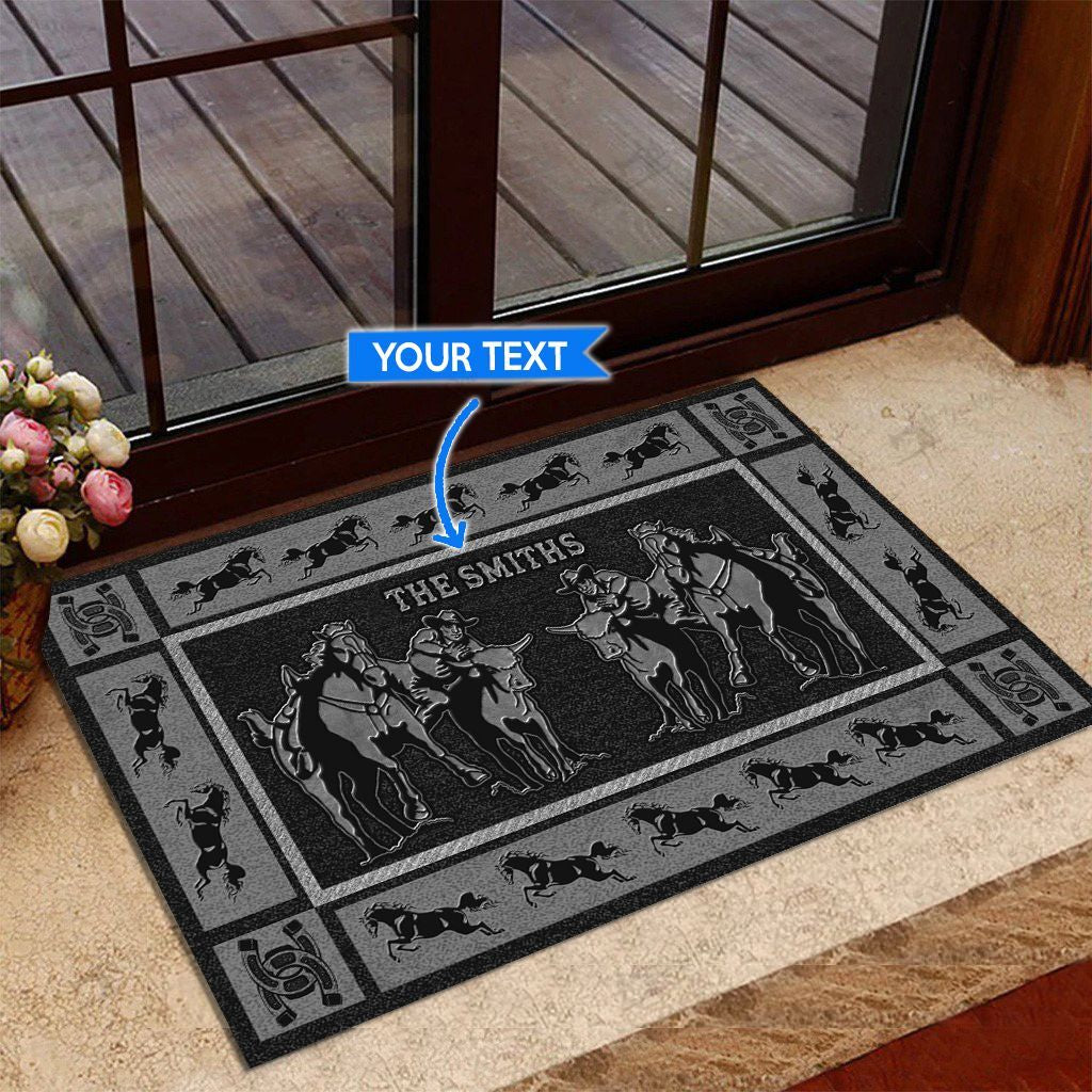 Steer Wrestlingblack Version Personalized Custom Name Doormat