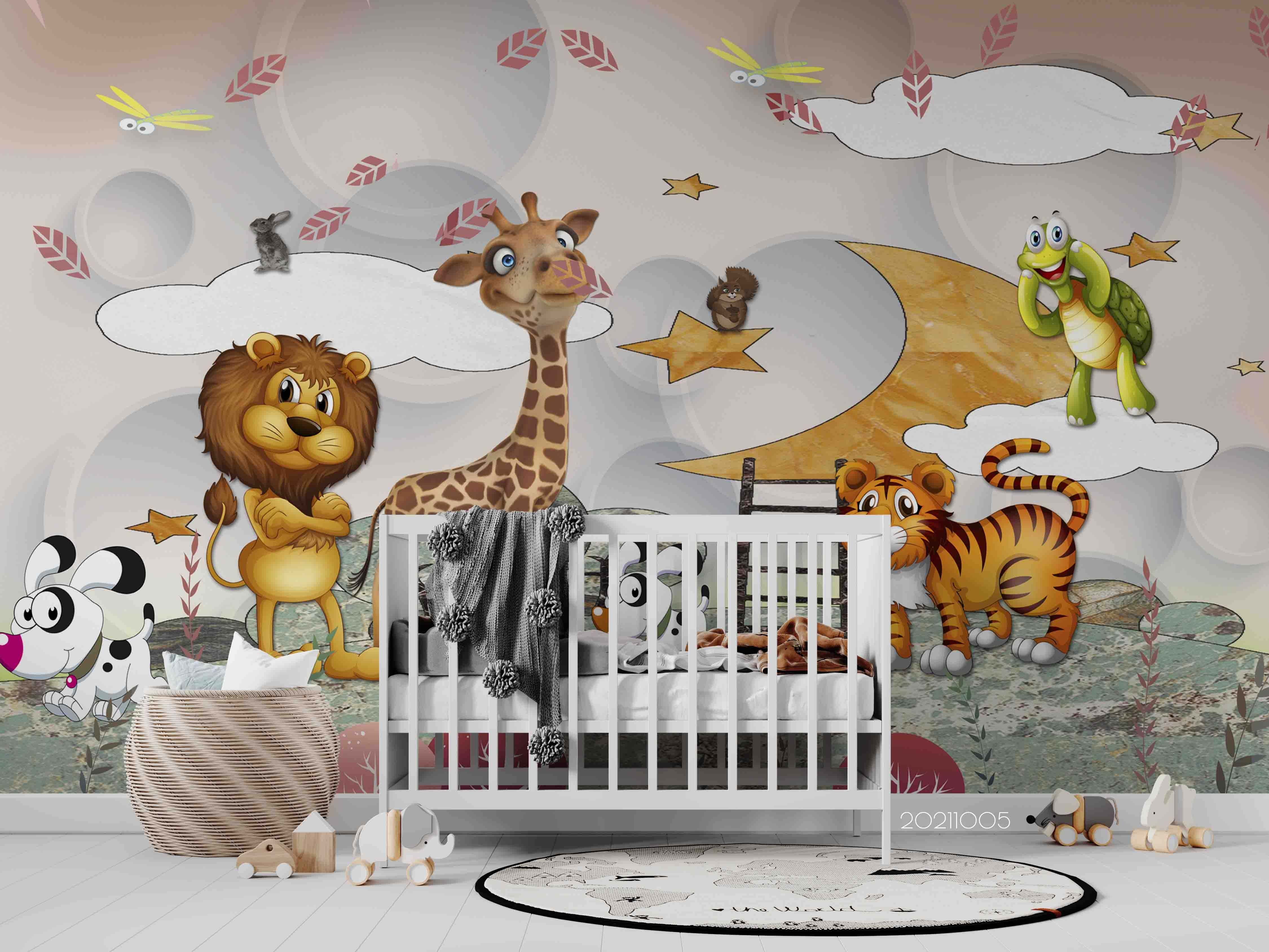 3D Cartoon Animal Giraffe Lion Wall Mural Wallpaper Lqh 634