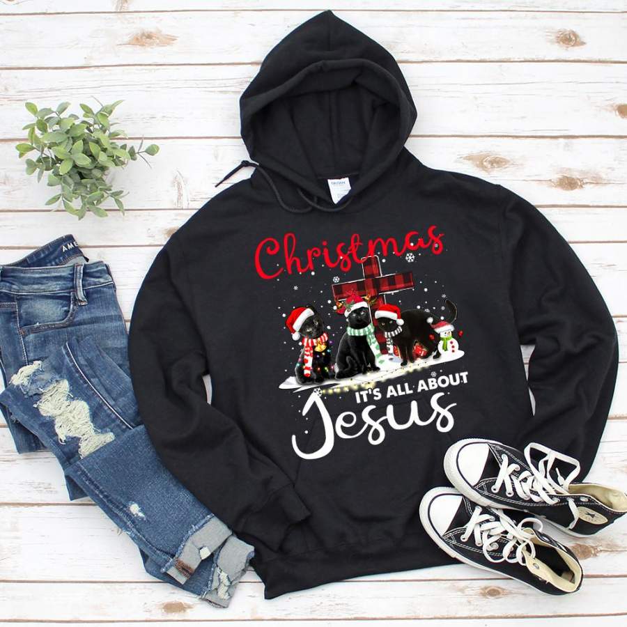 Black cat christmas it’s all about jesus cute happy cat snowman bible plaid light snow black hoodie for men and women S-5XL