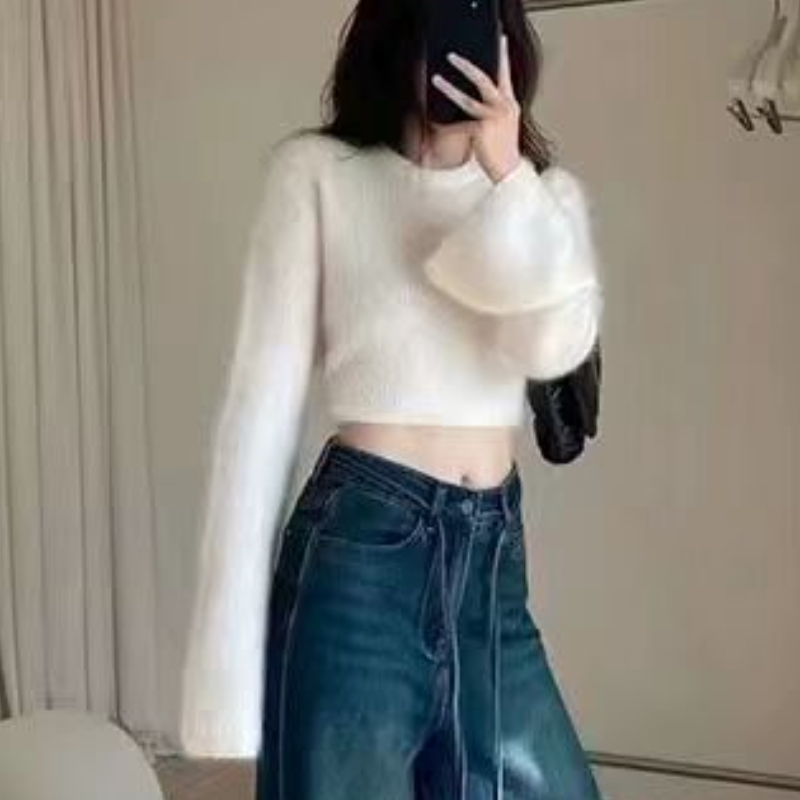 Cropped Flare Sleeve Pullovers Women Autumn Comfort Hot Ladies Streetwear Retro Sweater Pull Femme Cozy Elegant Navel Stylish alx