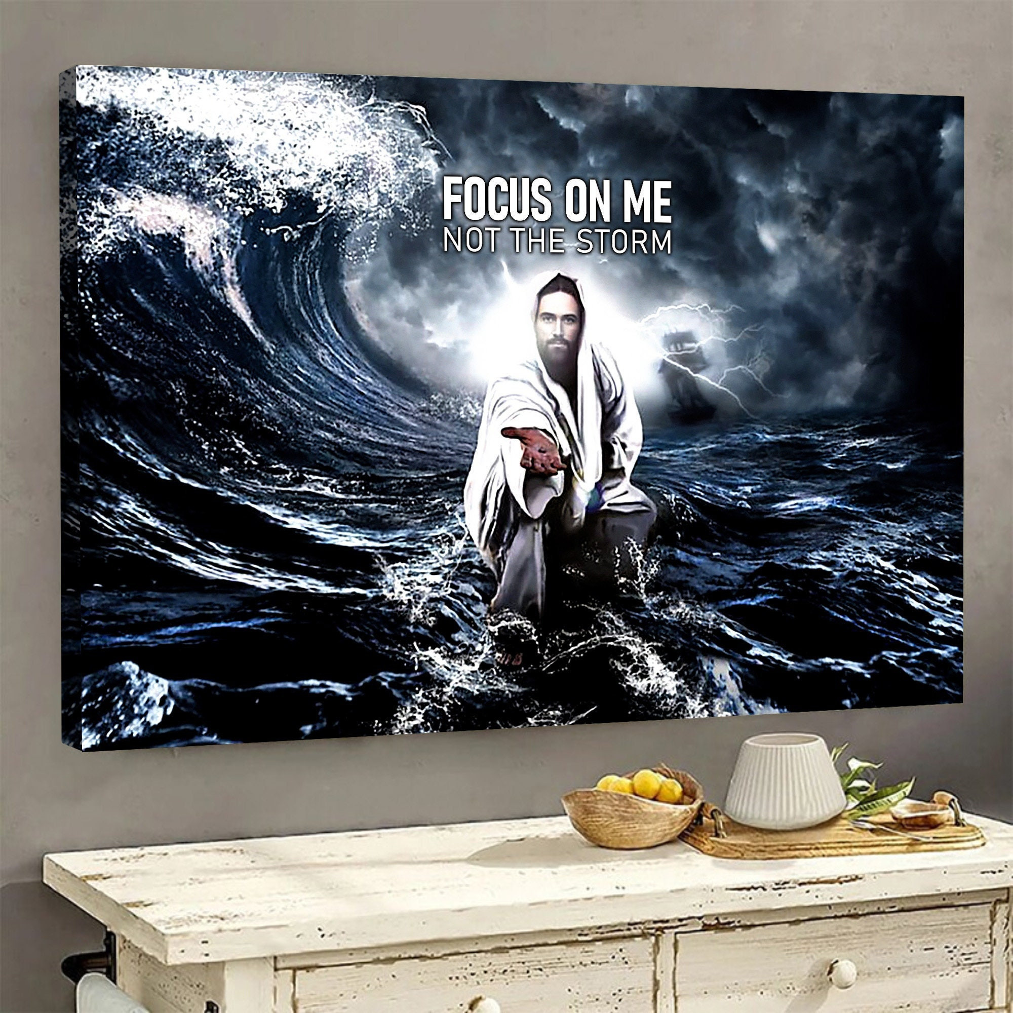 Focus On Me Not The Storm – Jesus Give Me Hand – Jesus Reaching Hand Canvas, | Wall Decor | Birthday, New Year, Christmas Gift