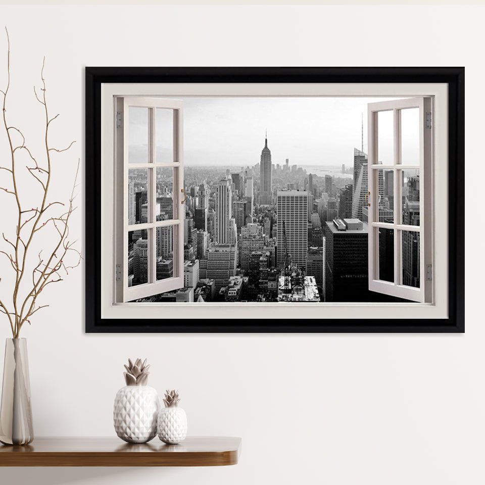 Black And White New York City 3D Window Bay Effect Framed Canvas Print – Canvas Painting, Canvas Art, Wall Art, Wall Decor