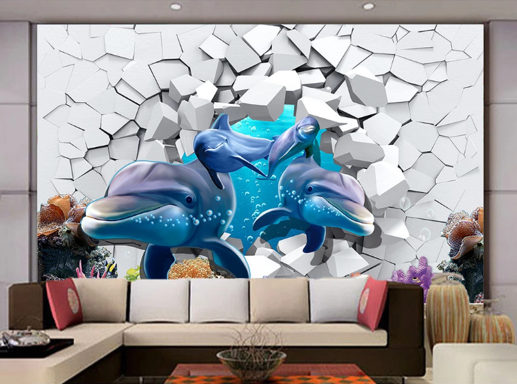 3D Dolphin Wall Hole Wall Mural Wallpaper Sf68