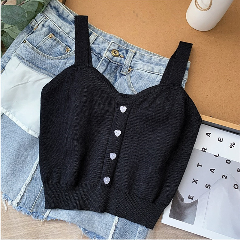 Summer Knitted Cropped Sweater Vests Women V Neck Sleeveless Button Slim Camisole Knitwear NFFS-21278 alx