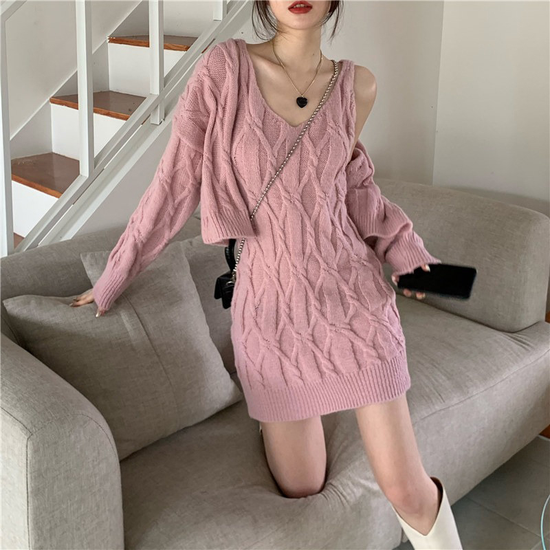 V Neck Mini Bodycon Pink Sweater Dress Short Twist Cardigan Sweet 2 Piece Sets Korean Spaghetti Strap Dress Knitting Coat alx