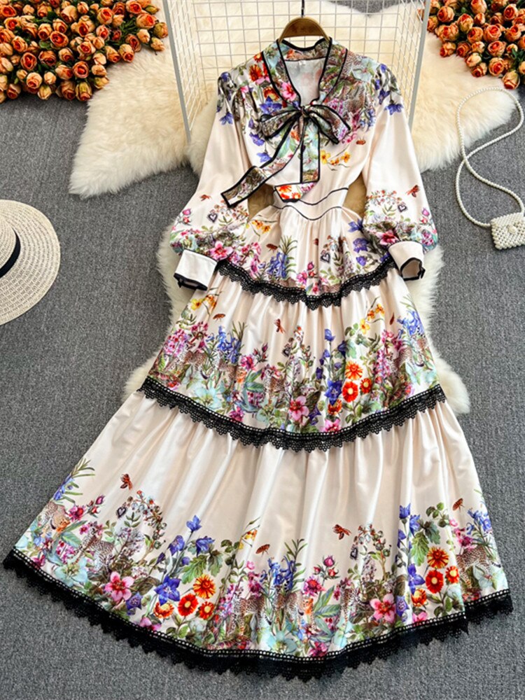 2022 Spring Leopard Flower Maxi Dress Women Bow Tie Collar Long Sleeve Floral Print Cascading Lace Stitching Cake Party Vestidos alx